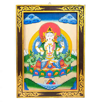 Buddha Chenrezig Thankha Tafel Holz